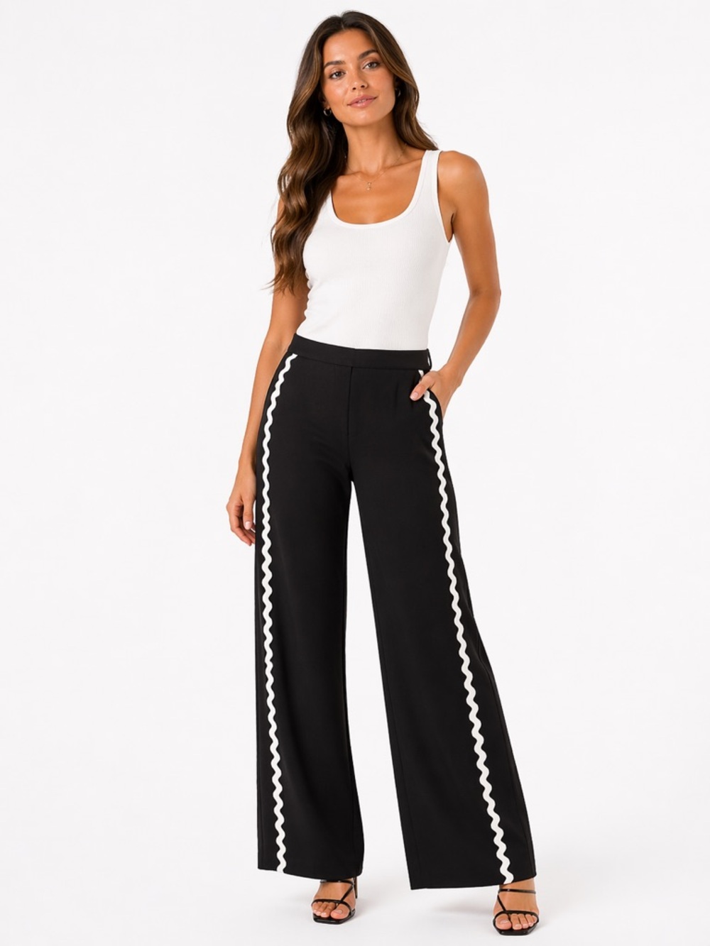 ASOS Size 6 Black Wide Leg Pants with White Rik Rak Trim
